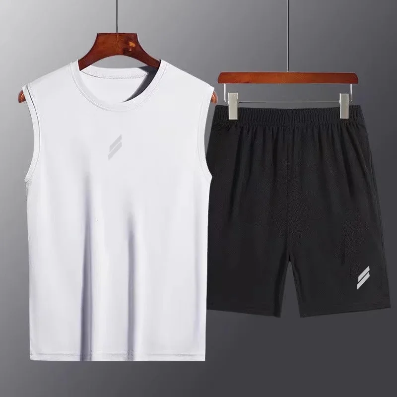 NEW Sport men summer thin quick drying vest+shorts Man's set fitness running suit two-piece set Mesh ventilation men tracksuit