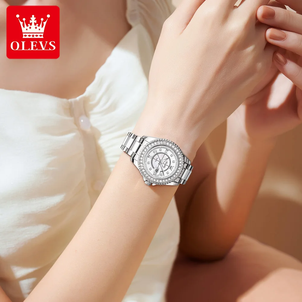 OLEVS Original Fashion Watch For Women Elegant Watch Quartz Wristwatches Lady Luxury Watch Waterproof Full White Stainless Steel