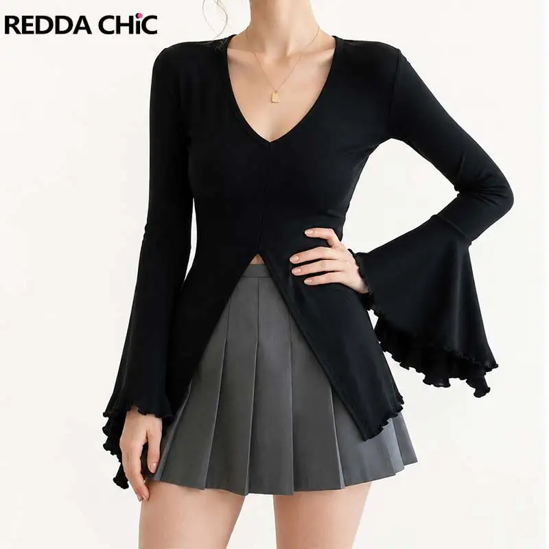REDDACHiC Basic Bell Long Sleeve T-shirt Women Sexy Black Plain Stretchy V-neck Slim Split Smocking Top New In Autumn Clothes