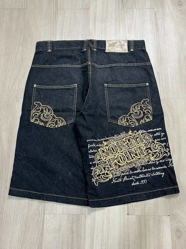 

Gothic Retro Men Denim Shorts Pattern American Baggy Unisex Shorts Y2K Printing Korean Casual Fashion Couple Shorts