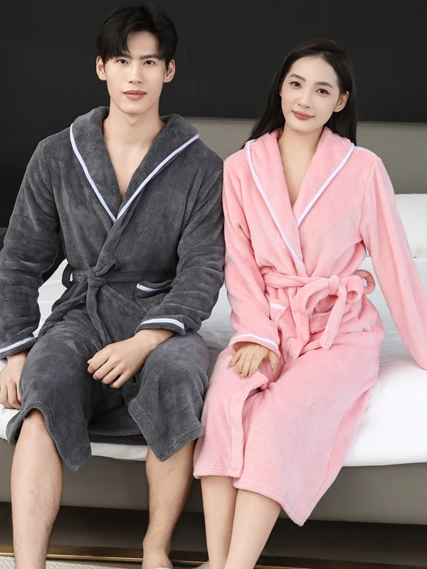 Couple's Flannel Sleep Robe Thickened Coral Fleece Winter Pajamas Long Sleeve Luxury Home Clothes Men Women Simple Style Morn...