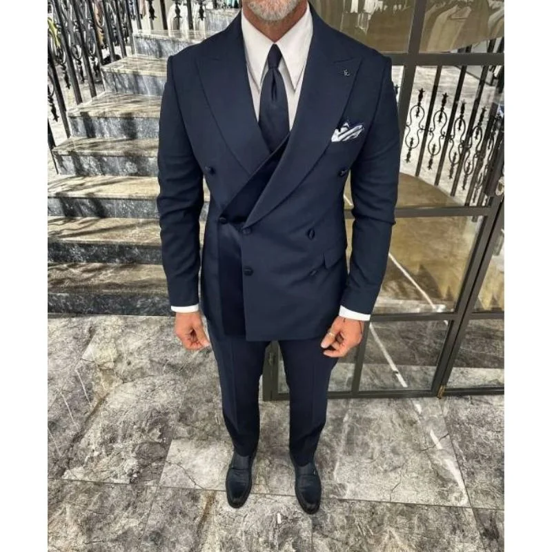 

Navy Blue Black Men's Suit 2 Pc Double Breasted Jacket Pants Peaked Lapel Formal Wedding Groom Tuxedo Blazer Custom Men's Suit