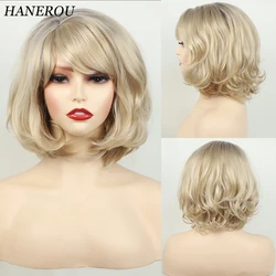 HANEROU Short Synthetic Wig Wavy Natural Blonde Ombre Puffy Women Hair Heat Resistant Wig for Party Daily Cosplay