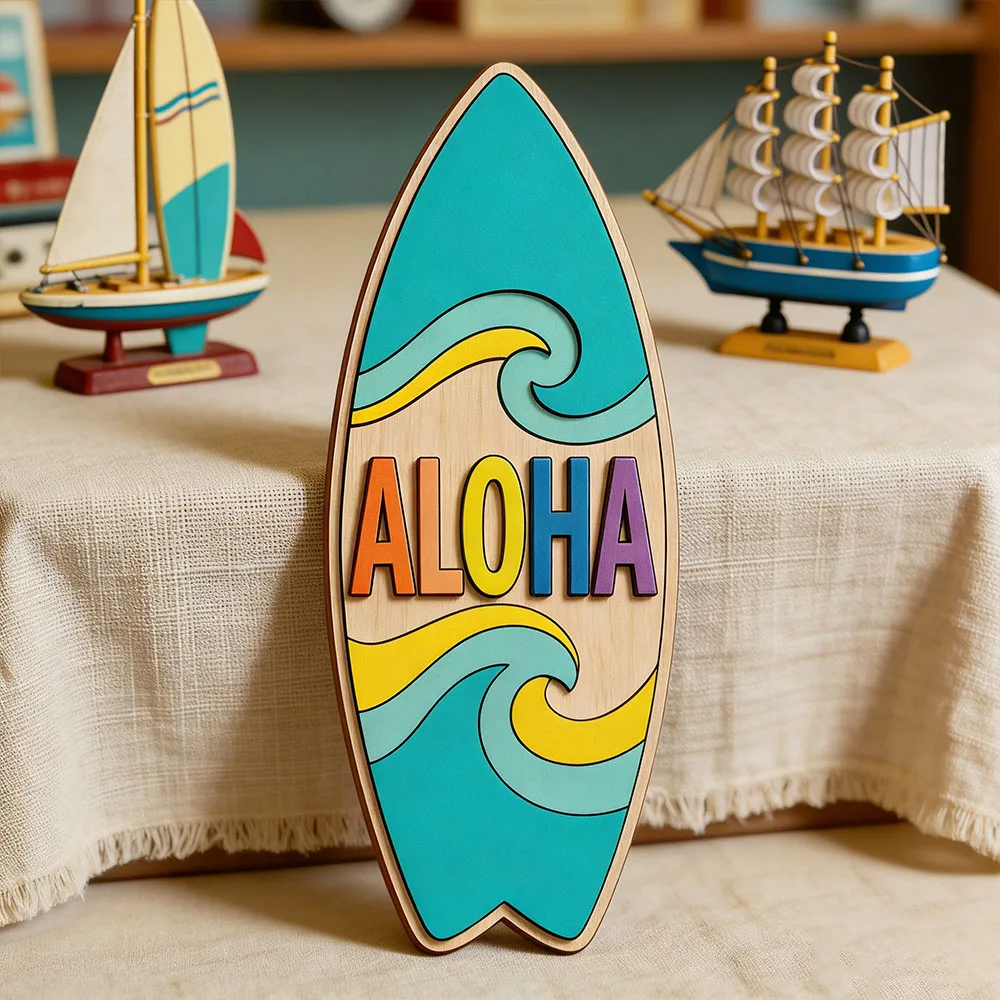 3D Aloha Hawaiian Surfboard Wooden Sign with Ocean Wave Design Tropical Beach Themed Wall Art Plaque for Summer Home Beach House
