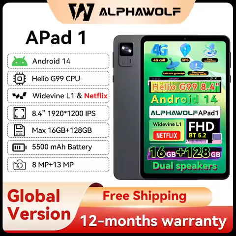 Alphawolf APad1 8 inch Helio G99 CPU Android14 Tablet 16GB+128GB FHD 1920*1200 IPS Screen SIM 4G LTE, 2.4/5G WiFi Widevine L1