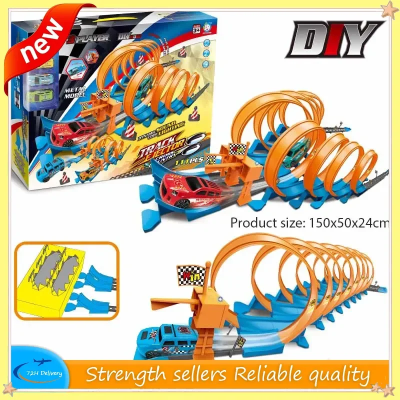 Zestaw do samodzielnego montażu toru wyścigowego z podwójnymi kołami, model samochodu wyścigowego, tor z katapultą, zabawki dla chłopców, prezent dla dzieci