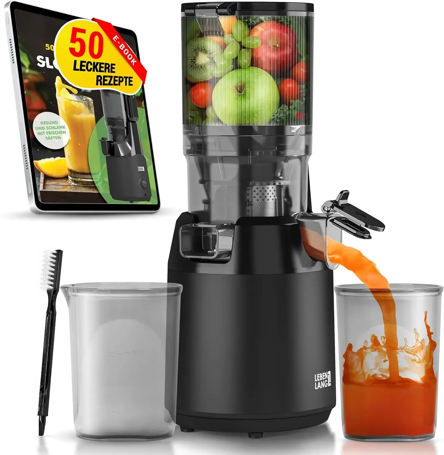 LEBENLANG Entsafter Slow Juicer – Inkl. Rezeptbuch & Große 130 mm Öffnung I Perfekt für Obst ganze