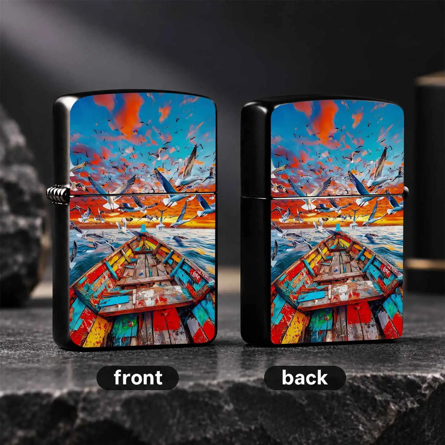 Vibrant Sunset Seagull Boat Pattern Portable Lighter, Full Of Romantic Coastal Aesthetic Of Colorful Fishing Boat And Flocking Seagulls Under Burning Glow Sky, Perfect For Daily Outdoor Travel, Gifting To Friends, Decor Collection, Fits All