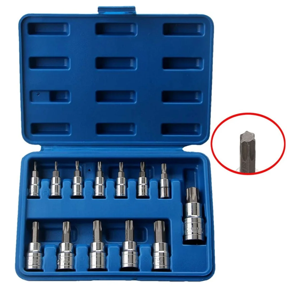 13 Piece Torx Screwdriver Bit Set T8-T60 High Carbon Steel 1/4 3/8 1/2 Inch Hex Socket Driver Kit For Motorcycle Car Repair Tool