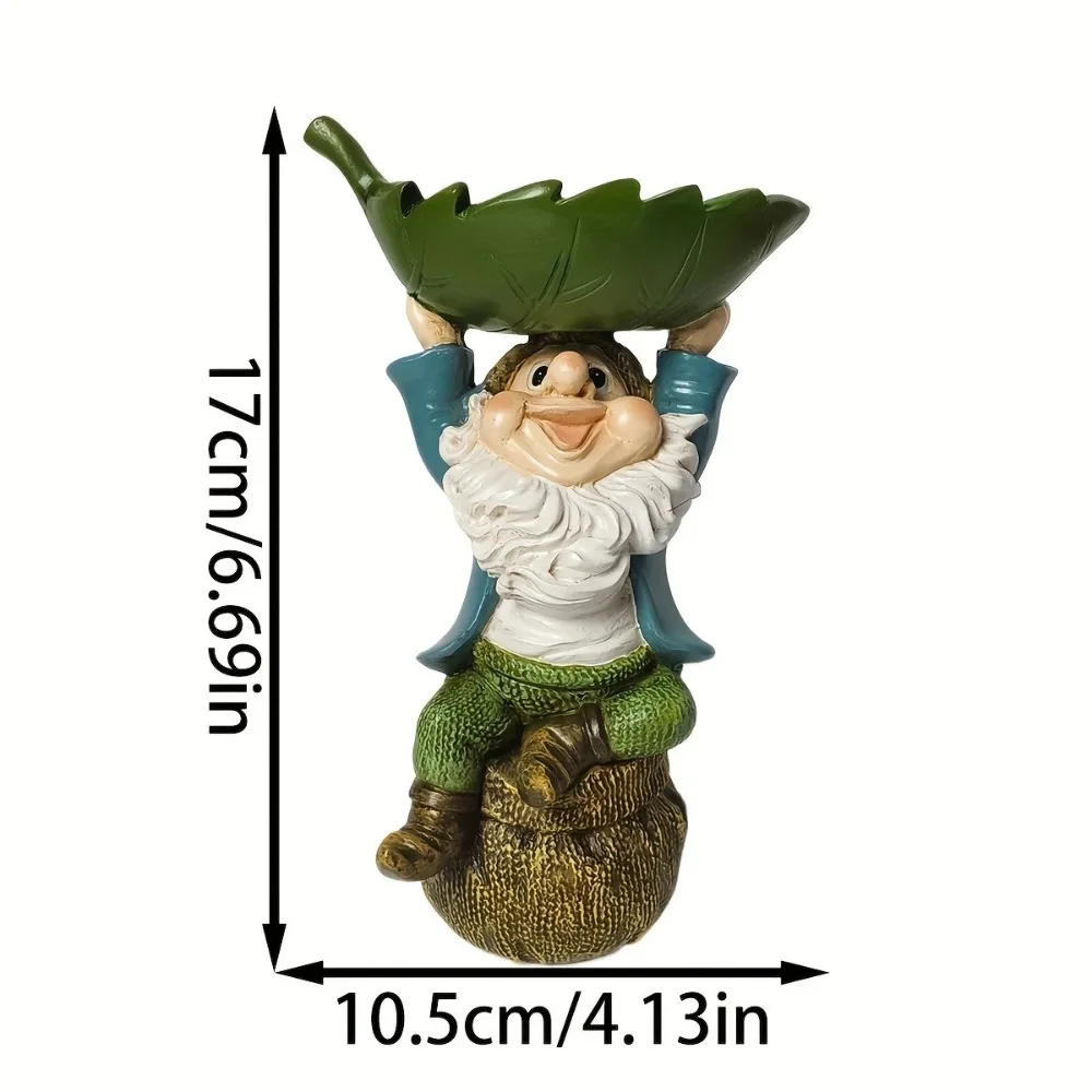 Unique Cartoon Dwarf Sculpture Resin Holding Leaves Garden Gnome Statue Fun Bird Feeder Garden Decor