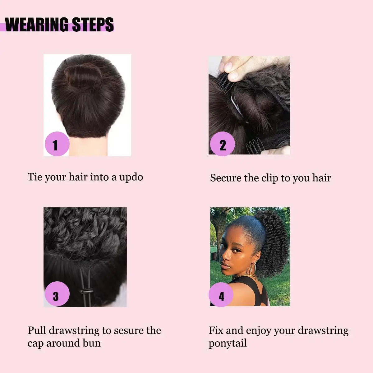 وصلة ذيل حصان صناعية برباط منتفخ أفريقي للنساء ذوات البشرة السمراء، مشبك أفرو مجعد قصير على كعكة برباط غريب