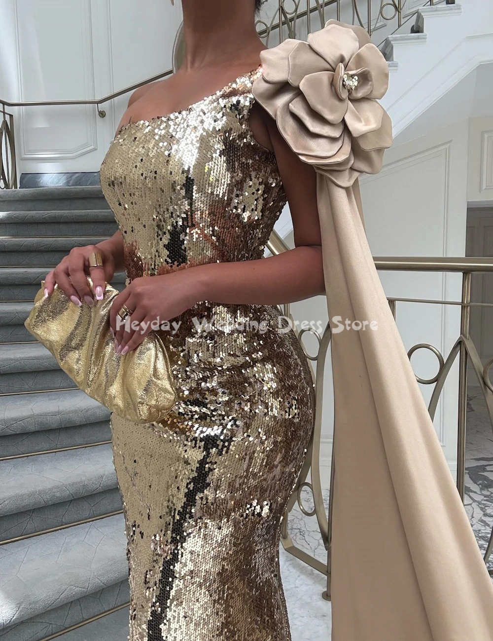 ヘイデイ レディース スパークリー スパンコール ワンショルダー 3Dフラワー ラグジュアリー ドバイ イブニングドレス ノースリーブ ショール付き エレガントドレス 2025