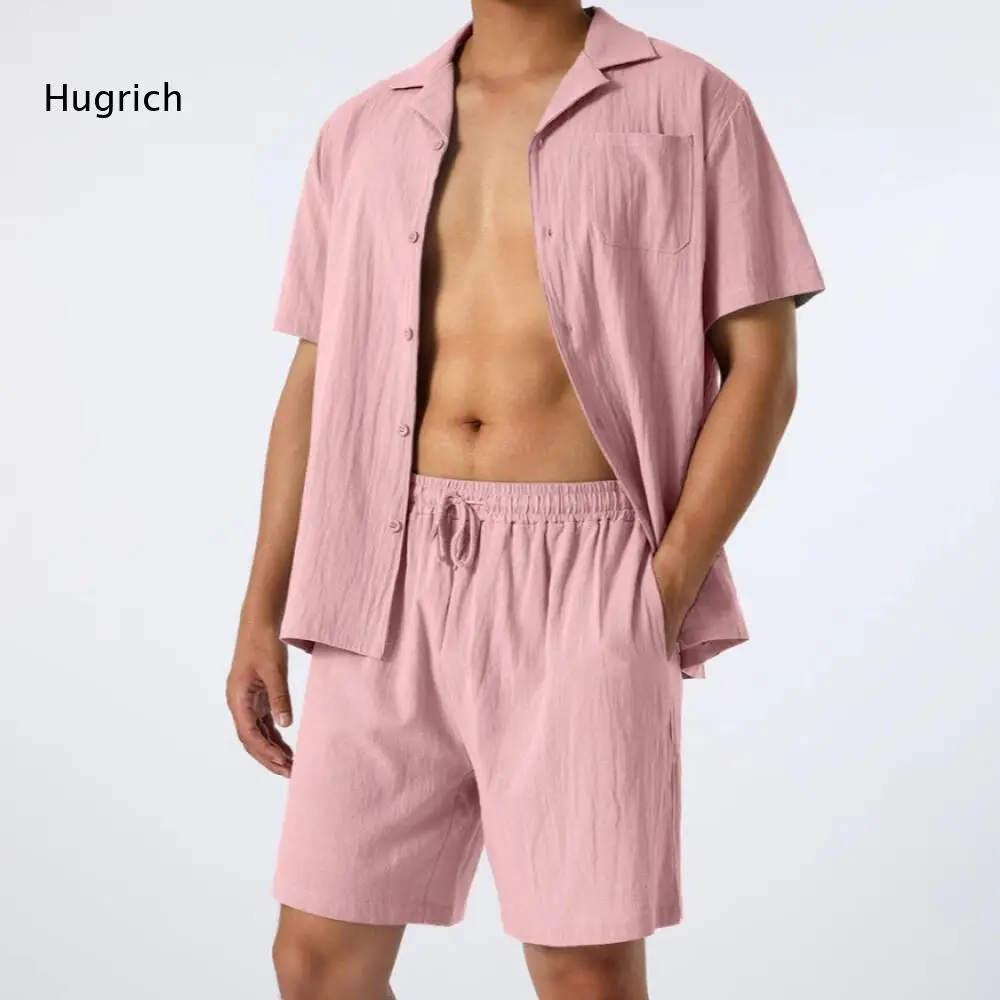 Mens Short Sleeve Button Up Shirt And Drawstring Shorts Set Loose Fit Comfortable Outfit For Lounging At Home And Daily Relax