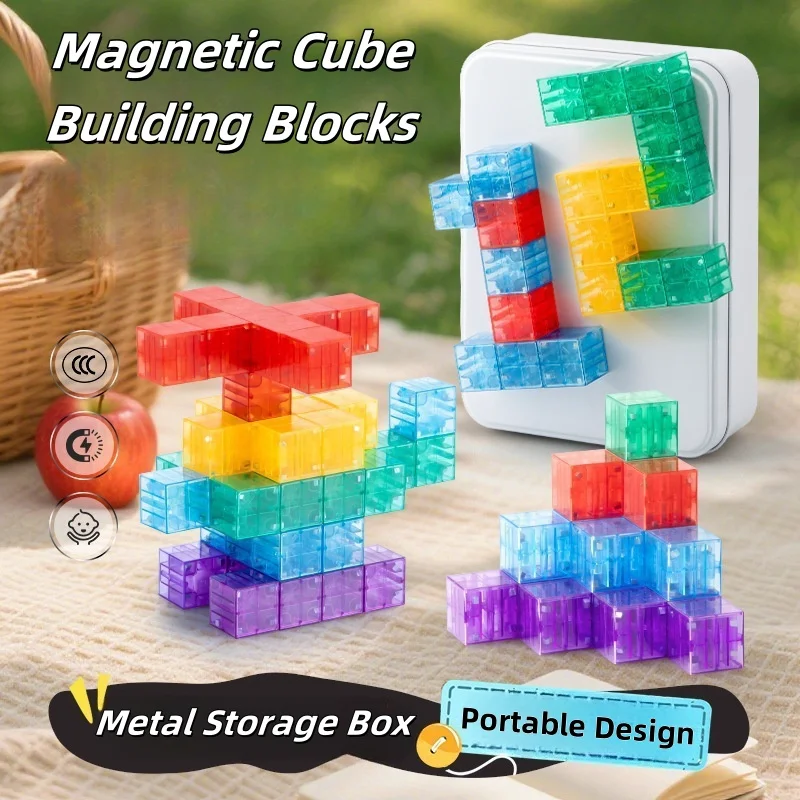 Cubi magnetici da 80 pezzi con scatola portaoggetti in ferro, blocchi magnetici, costruzione per bambini, compleanno educativo, regalo di Natale