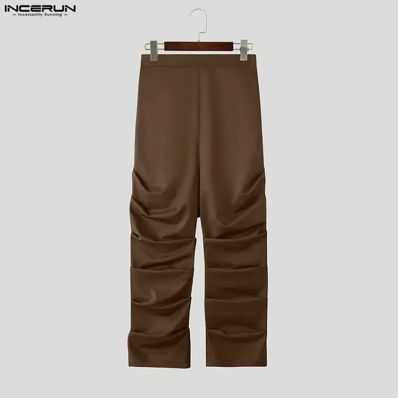 Men Pants Solid Color Pleated Elastic Waist Joggers Pantalones Streetwear Pants Baggy Fashion Casual Trousers For Man INCERUN