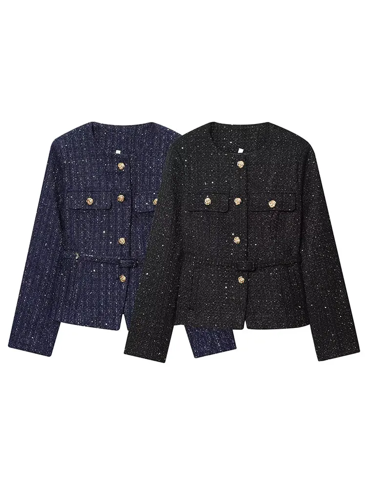 여성용 HH 2025 가을 재킷, 패션 메탈 버튼 스팽글 코트, 긴 소매 O넥 재킷, 벨트 포함, 여성 빈티지 스트리트웨어