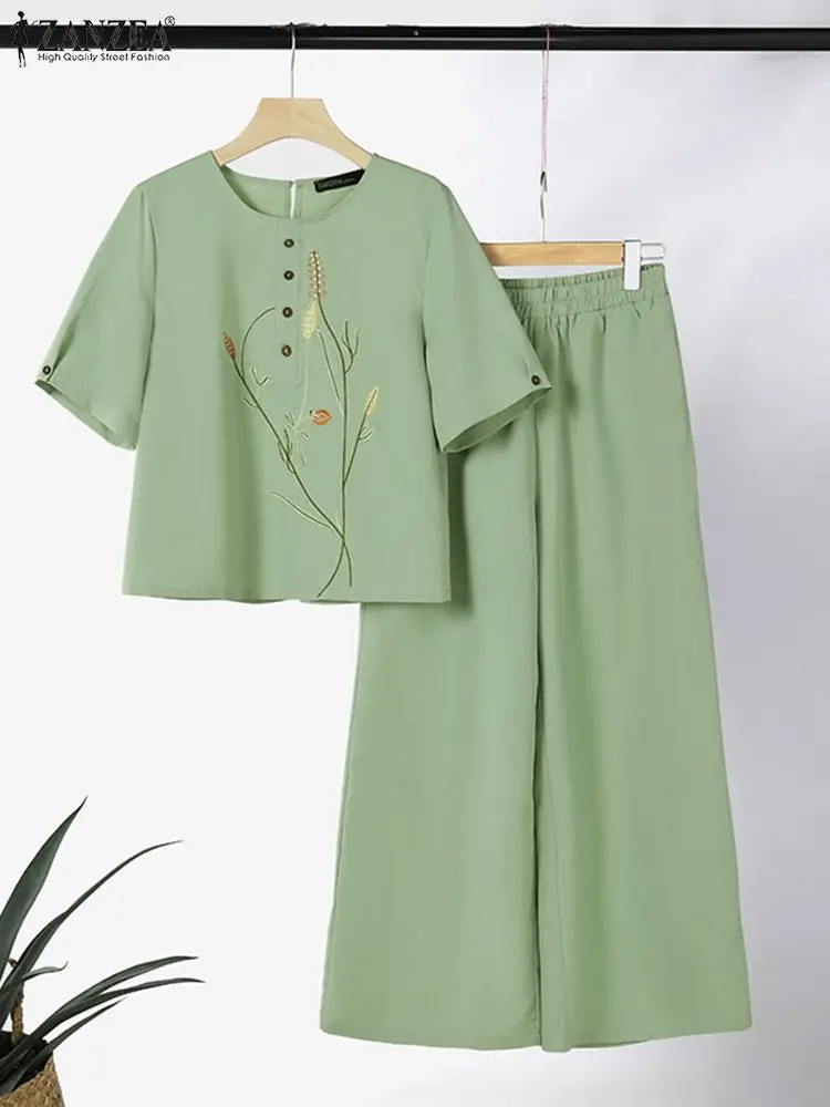 

ZANZEA 2024 Summer Suits 2PCS Women Short Sleeve Embroidery Blouse Trousers Fashion Wide Leg Pant Sets Elegant Work Tracksuits