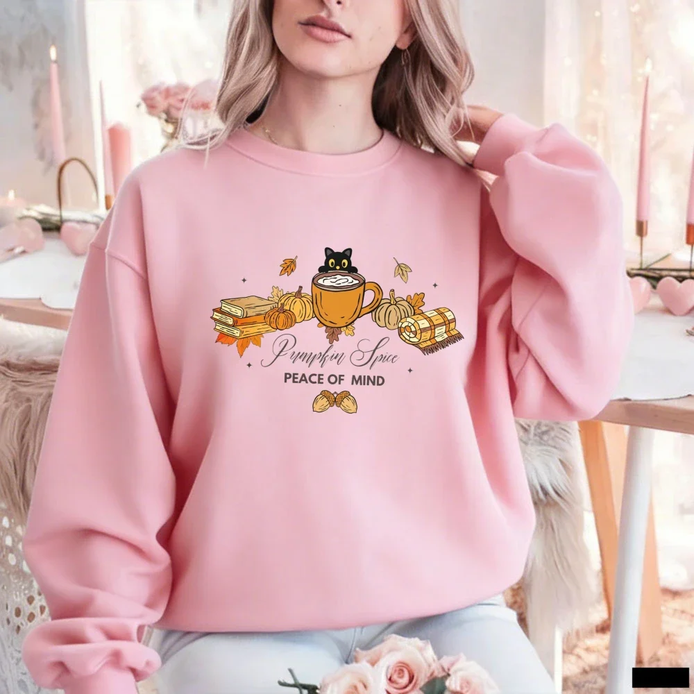 Pumpkin Spice Peace of Mind Graphic Crewneck Sweatshirt Autumn Black Cat Coffee Book Pumpkin Maple Leaf Pullover Top for Women