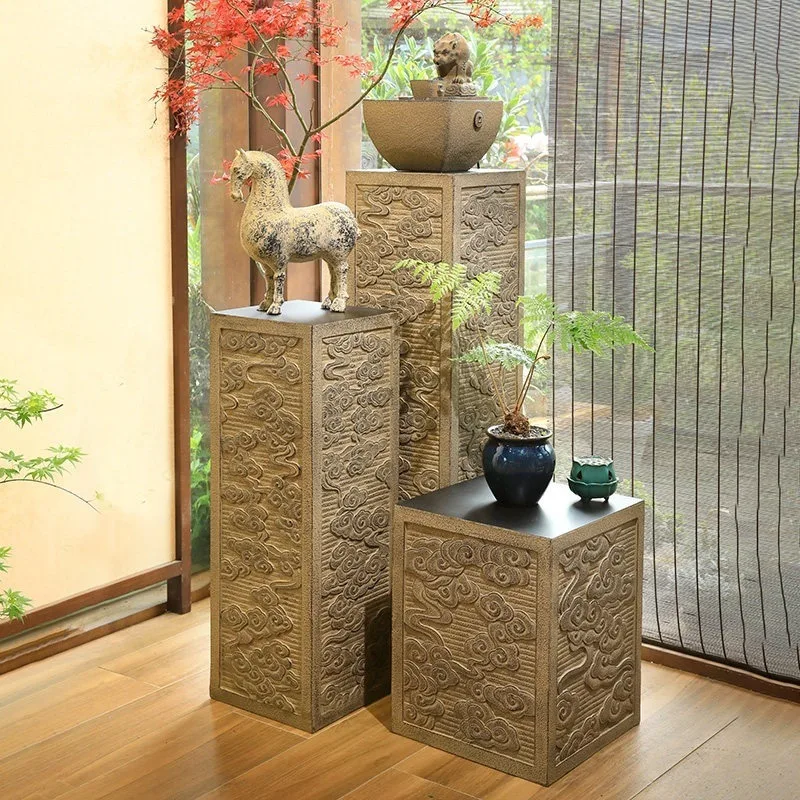 New Chinese-style auspicious cloud display column, indoor living room decoration, antique floor ornaments, courtyard garden pott
