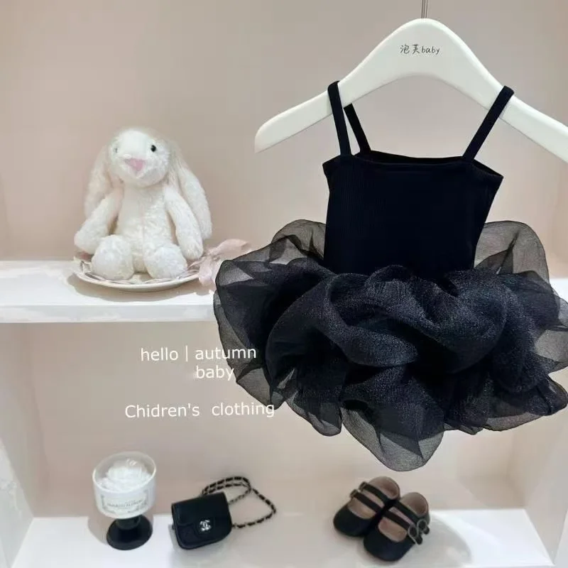Summer Little Black Dress 2025 New Product Stylish Girls' Dress Korean Version Children's Baby Strap Princess Dress 80-130CM