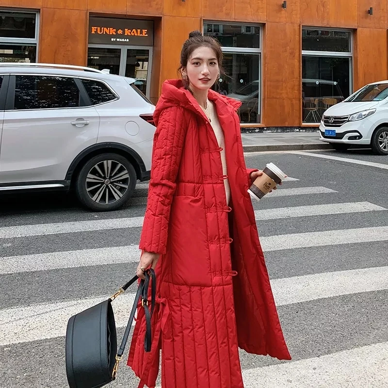 ผู้หญิงลงเสื้อแจ็คเก็ตผ้าฝ้ายหลวมหนา X ยาวผู้หญิงฤดูหนาวเสื้อแจ็คเก็ตเดี่ยว Breasted Hooded Parkas เบาะเสื้อผ้า