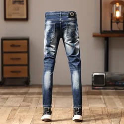 Retro Nostalgic Jeans Men's Ripped Embroidered Design Casual All-Matching Slim Fit Skinny Fashion Street Motorcycle Pants