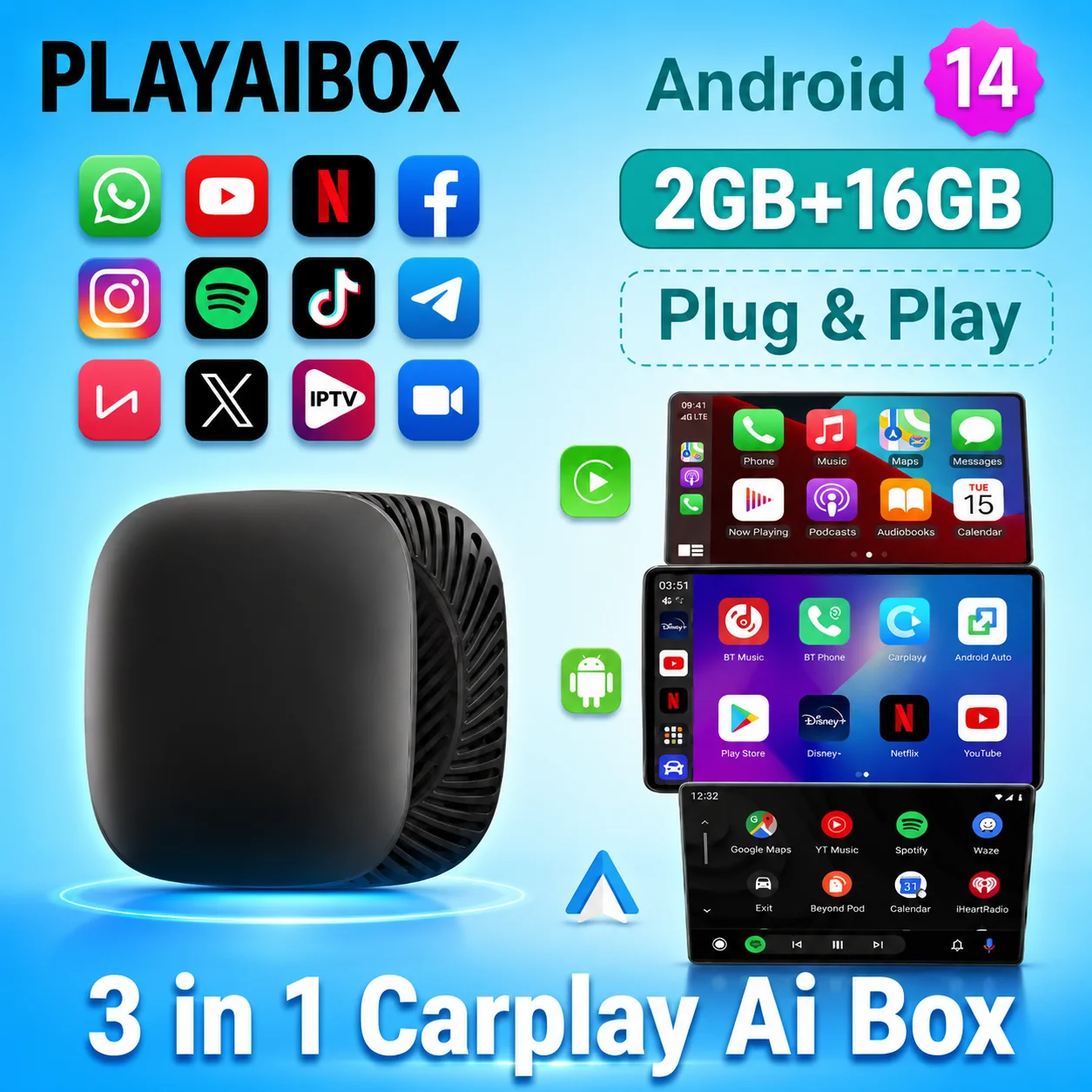 2026 Android 14 CarPlay Ai Box Wireless Android Auto 3in1 USB Smart TV Box  Adapter Plug And Play For Youtube Netflix Toyota VW