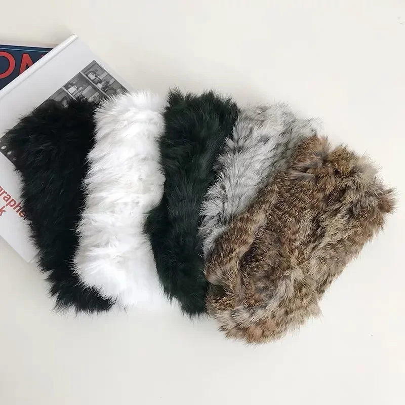 2027 Korean Ins Female Fashion Elastic Rabbit Fur Headband Autumn and Winter Warm Plush Headband Knitted Fur Hat