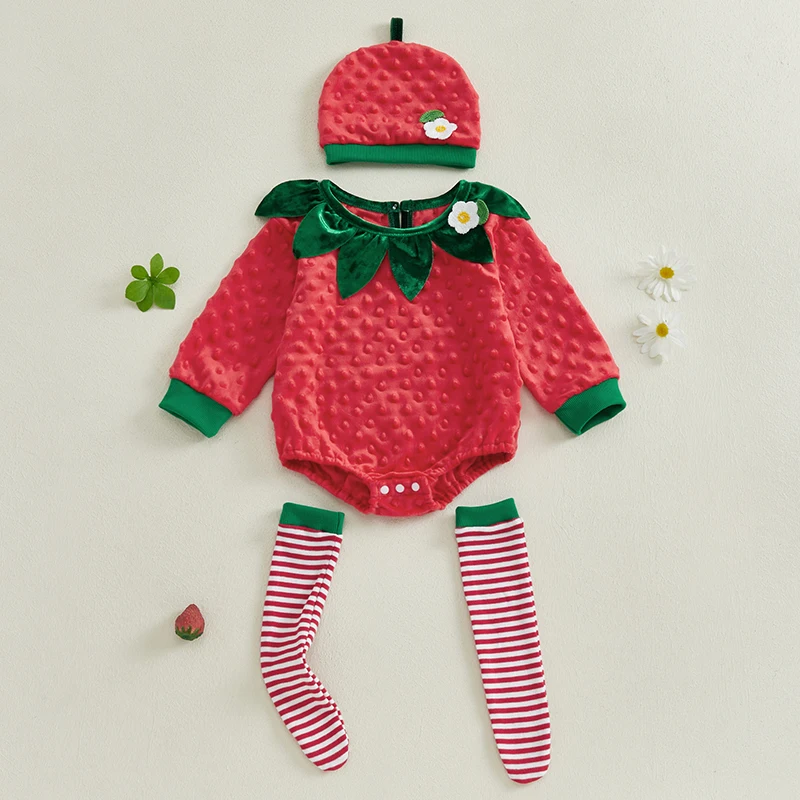 New Baby Girls Strawberry Romper Flower Long Sleeve Round Neck Fuzzy Jumpsuits Hat Striped Socks Fall Outfits 0-18 Months