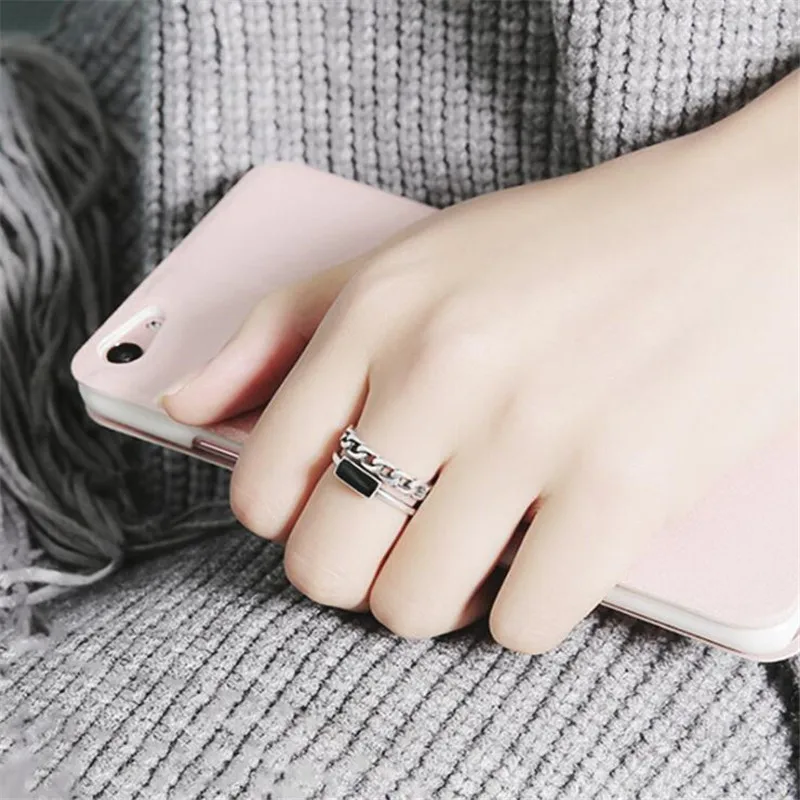 New Simple Retro Double Chain Style Drop Epoxy 925 Sterling Silver Jewelry Personality Rectangular Geometric Opening Rings R290