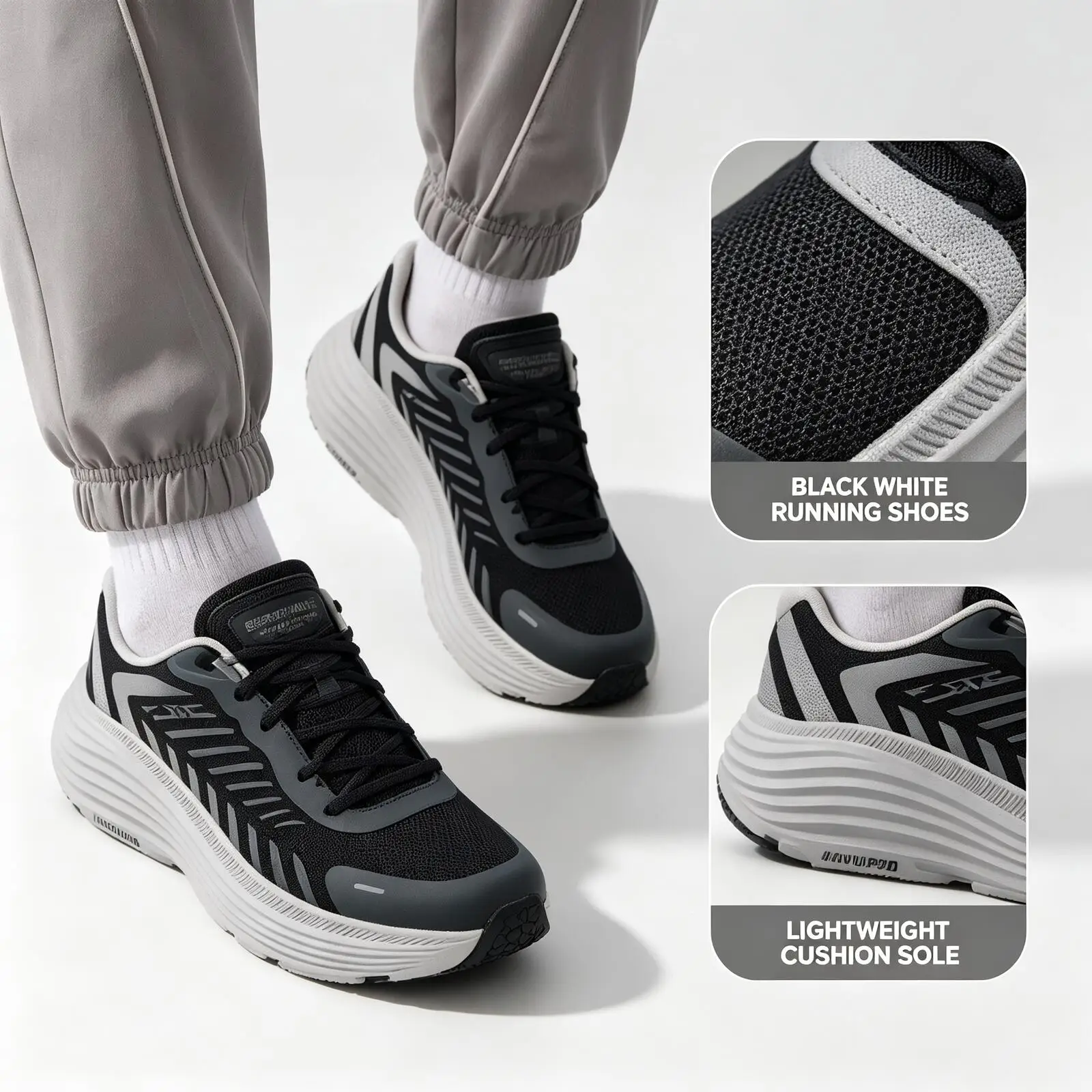 2026 New Skechers Men Black White Running Shoes Breathable Mesh Lightweight Cushion Sneakers Training Walking Sport Shoes