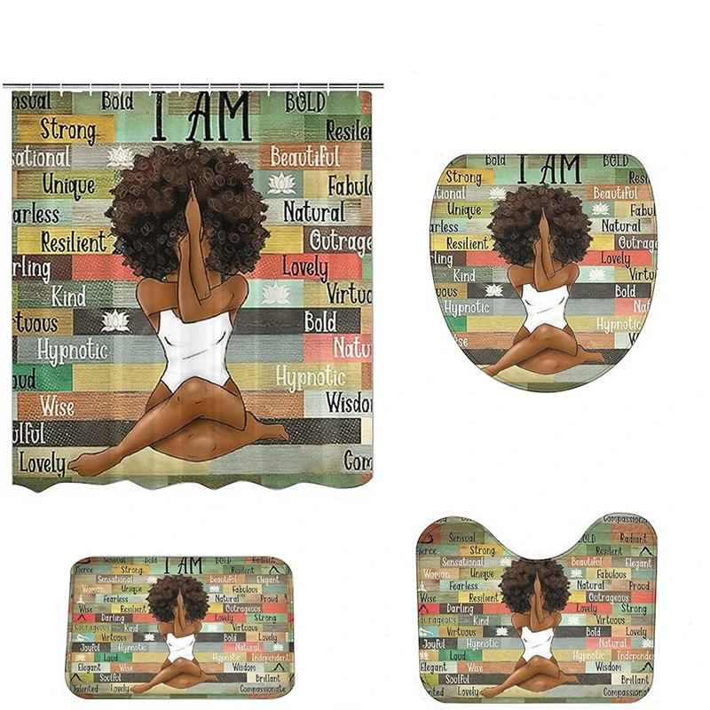 Afro Black Woman Meditation Black Girl With Yoga I Am Vintage Shower Curtains Set With Bath Floor Rugs 4Pcs For Bathroom Decor