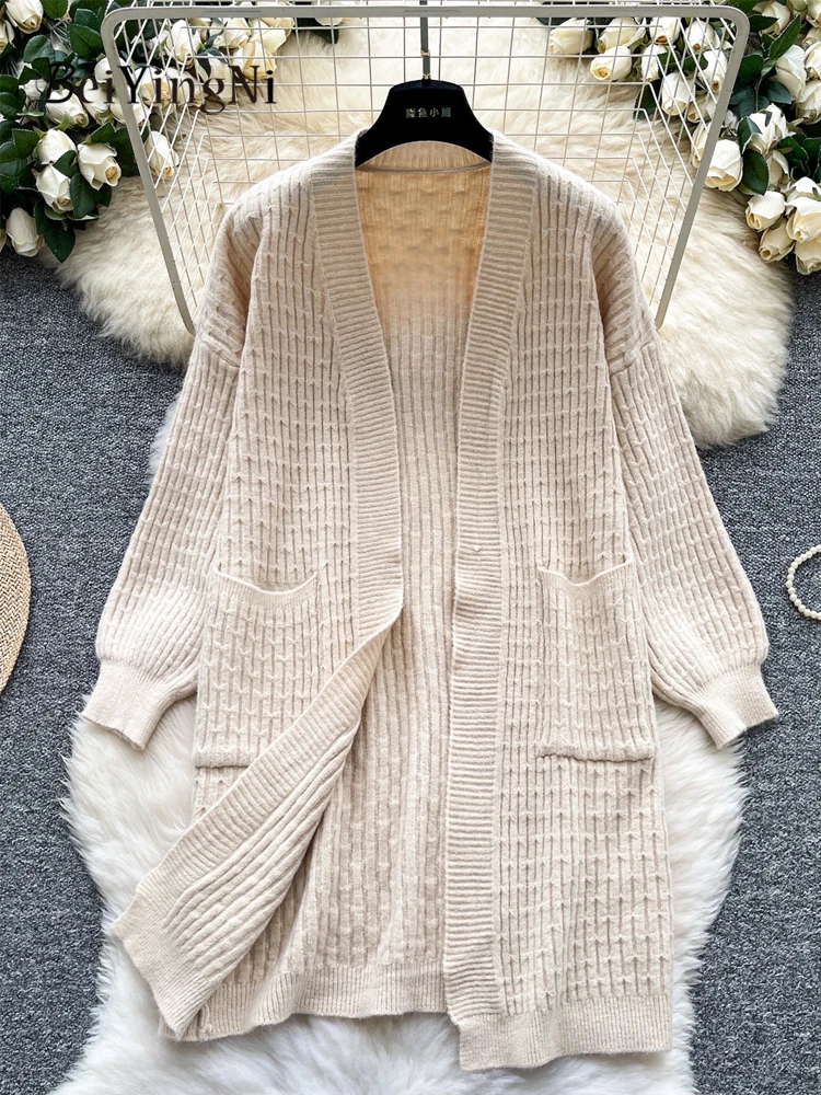 

Beiyingni Korean Loose Female Cardigans Fall Winter Pockets Leisure Simple Warm Knitted Outwear Coats Women's Khaki Sweater 2025