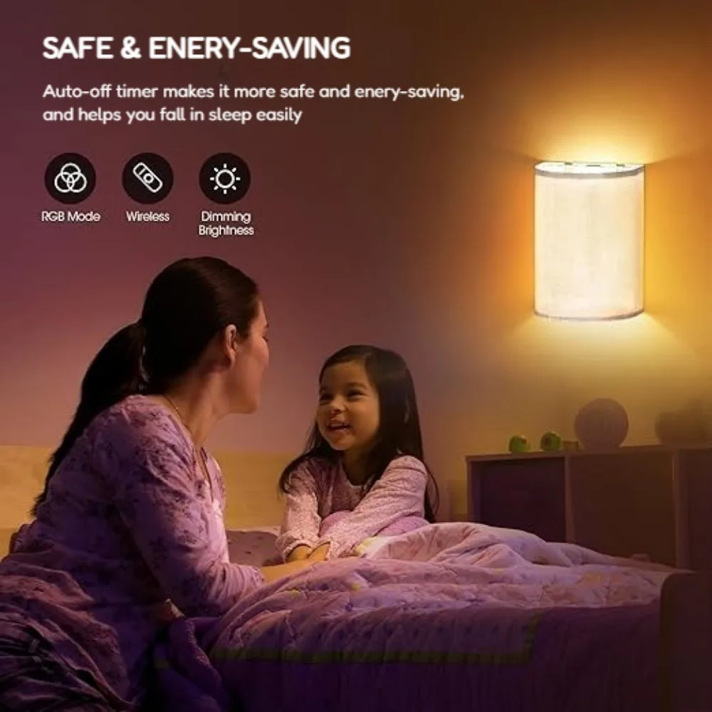 مجموعة مصابيح حائط تعمل بالبطارية مكونة من 2، مصباح حائط من القماش قابل للتعتيم بـ 16 لونًا RGB مع جهاز تحكم عن بعد ومفتاح لممر غرفة النوم