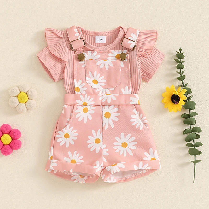 Summer Baby Girls Short Sleeve Romper with Flower Print Suspender Shorts Set Toddler Clothes  0-18 Months