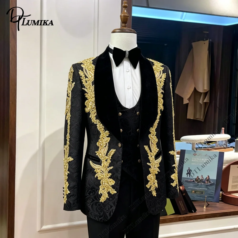 DTLumika 100% Actual Photo Men's 3-Piece Suit Set with Beaded Appliques, Velvet Collar Jacquard Jacket Vest with Matching Pants