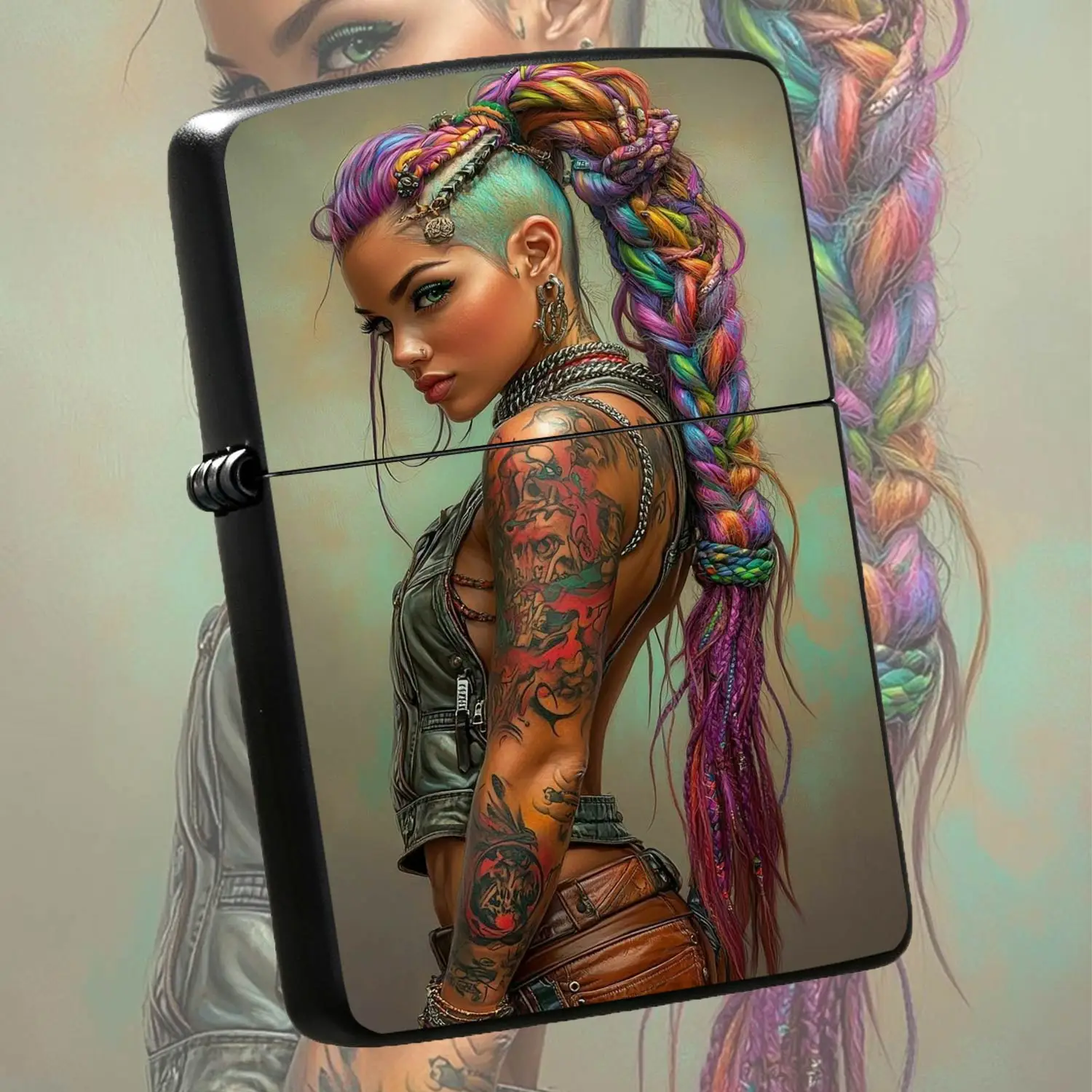 Creative Rainbow Braided Tattoo Girl Pattern Lighter, Stylish Punk Art Style Portable Ignition Device, Unique Aesthetic Daily Carry Accessory, Ideal For Gifting And Personal Use Across All Scenes, Eye-Catching Decorative Practical Cool Coll
