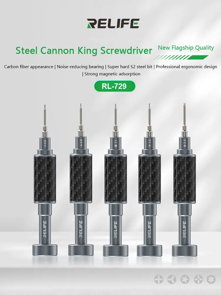 RELIFE RL-729A magnetischer Schraubendreher-Satz aus S2-Stahl, Kohlefasergriff, rutschfeste Bits für iPhone 15, Huawei, Samsung, Telefonreparatur