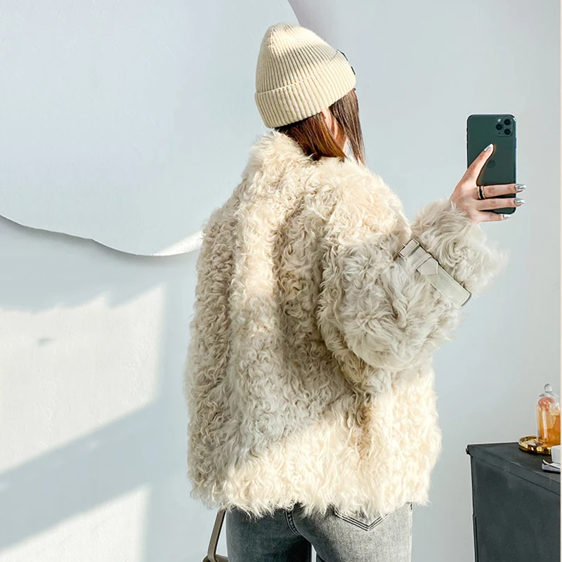 100% Real Lambs Wool Fur Coat Women Winter Jacket Real Sheep Skin Fur One Coat High Grade Wool Fur Jacket Ladies Short معطف فراء