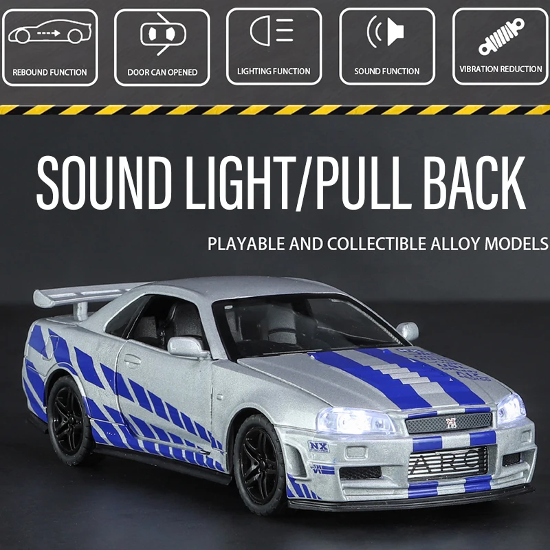 Diecast 1:32 Skyline Nissan GTR34 Alloy Diecast Classic Racing Car Model Sound Light Pull Back Kids Gift Boy Toys Collection Val