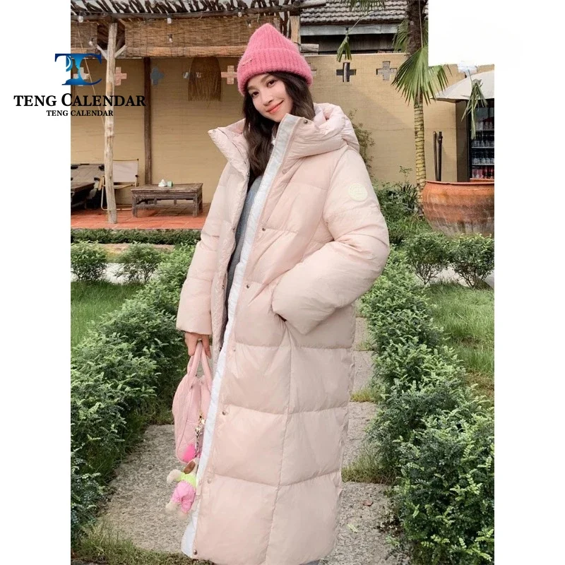 Long Down Jacket with Knee High Hood for Women, Thick and Warm Loose Duck Down Jacket, Korean Style, Fashionable, New Style, 202