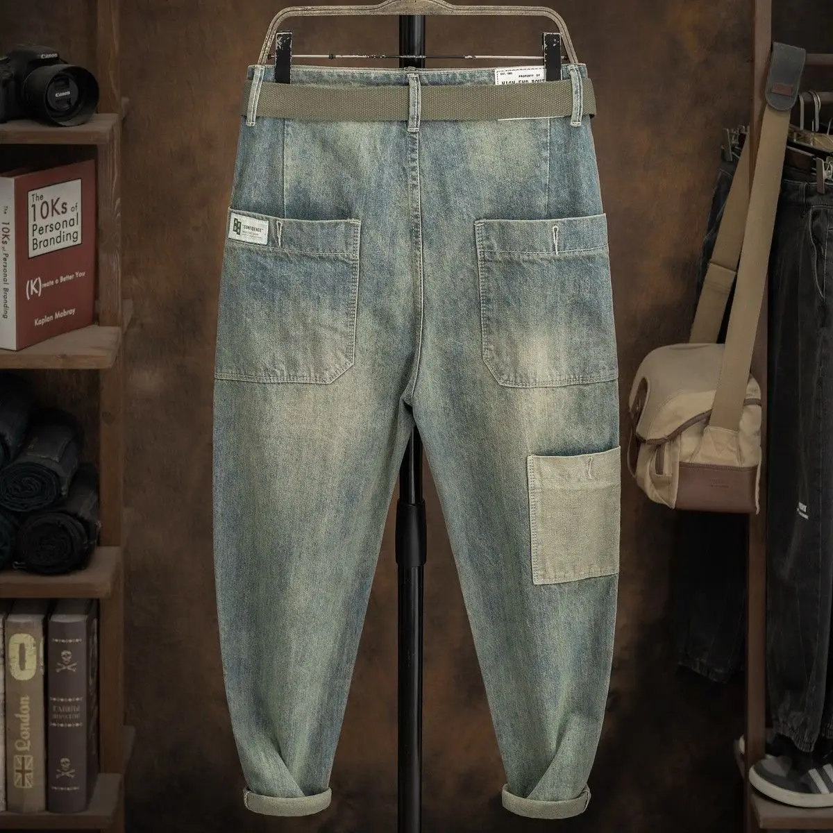 2025 jeans masculino marca na moda lavado retro nostálgico solto casual primavera e outono emenda plus size 42 calças harlan de cintura baixa