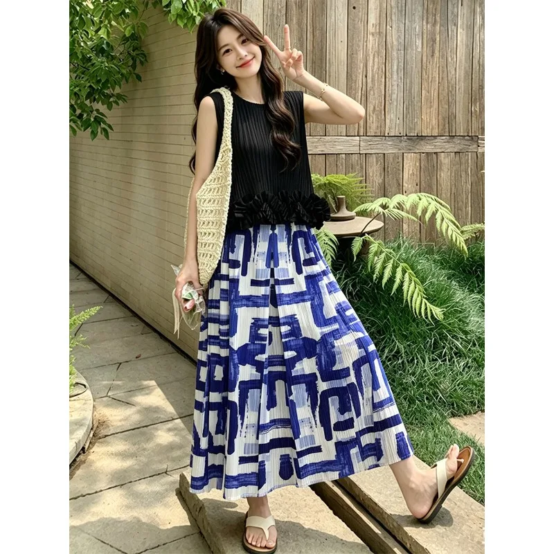 Miyake Pleated 2026 Top and Printed Skirt Set for Women Summer Fashion Two-Piece Set High-Waisted Casual Elegant Outfit Pleat
