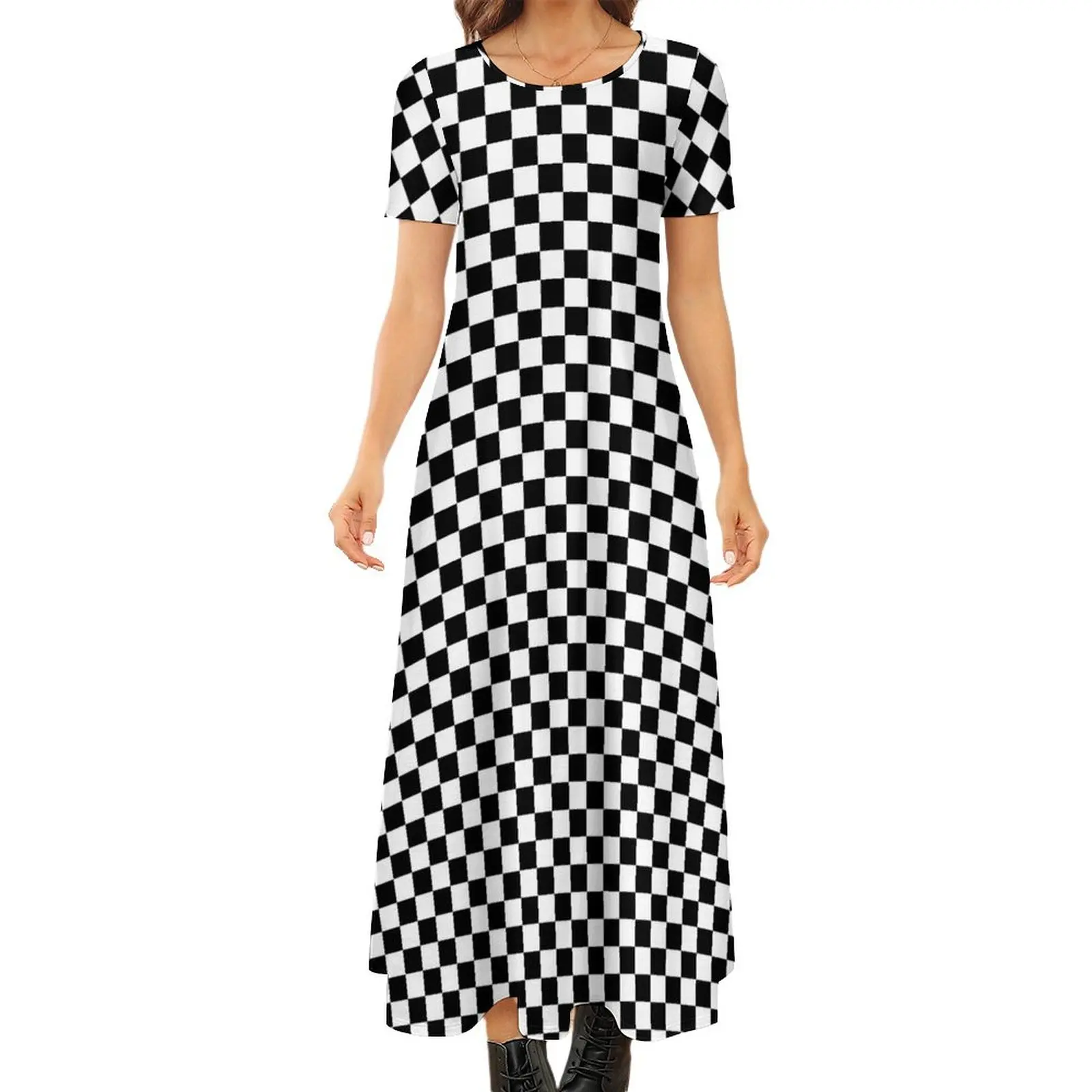 

Black And White Check Print Dress Checkerboard Style Aesthetic Bohemia Long Dresses Women Retro Maxi Dress Big Size