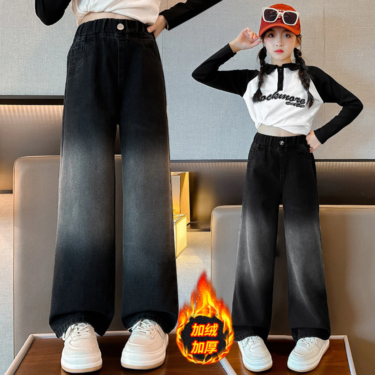 

Модные зимние детские вельветовые флисовые джинсы для девочек, градиентные широкие утепленные джинсовые брюки, детские повседневные теплые термоштаны