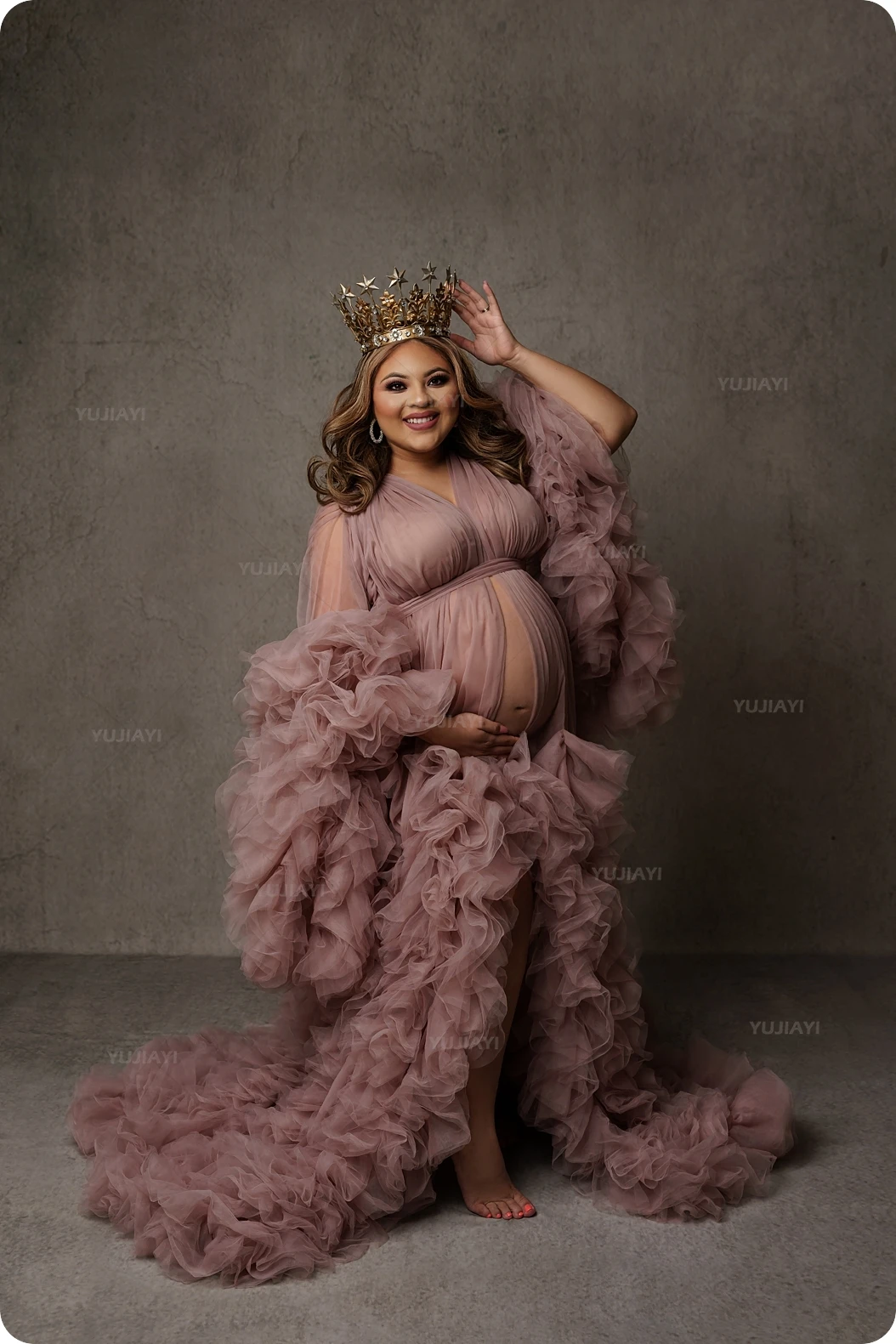 Customized Ruffled Tulle Maternity Gowns for Photo Shoot Lush Fluffy Women Pregnant Dresses Bathrobe Long Sheer Party Robes