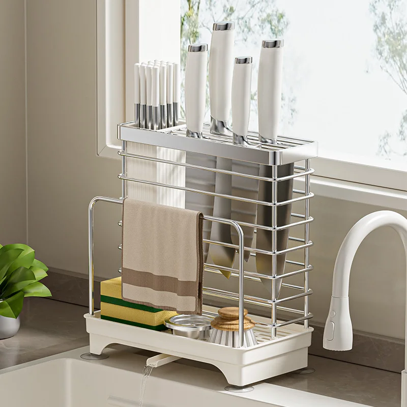 

Подставка для ножей и ложек из нержавеющей стали, держатель для крышек, интегрированная подставка для губок и тряпок, органайзер для кухонной утвари на столешницу/у раковины