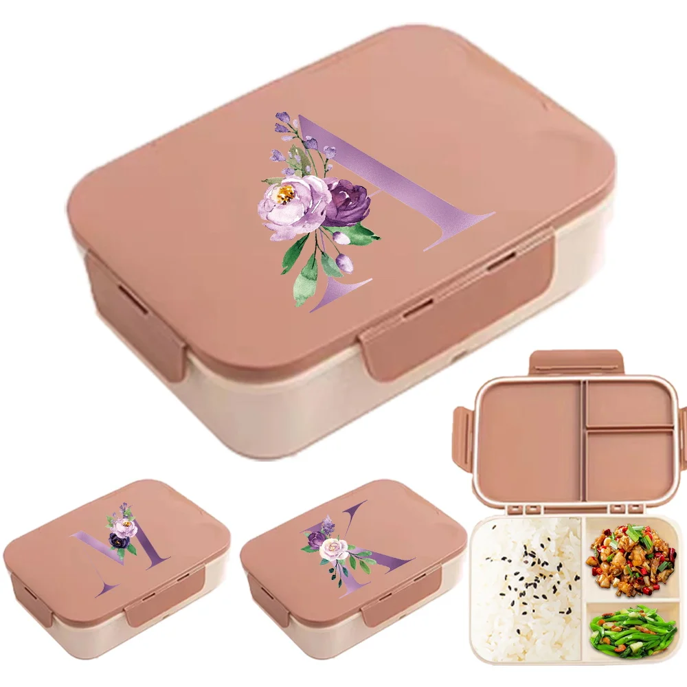 

Portable Square Flip Top Compartment Lunch Box Outdoor Leakproof Picnic Fruit Salad Organizer Purple Flower Letter Pattern