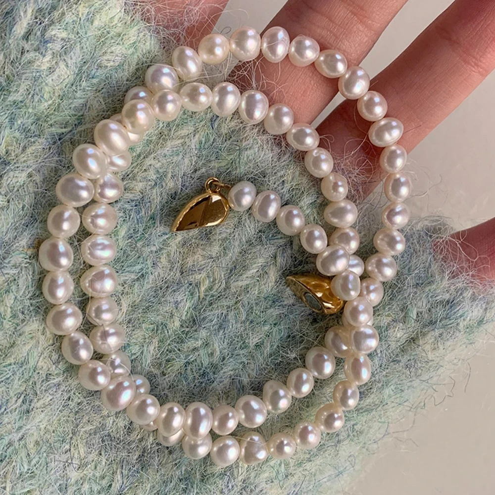 6-7mm Strong Light Natural Baroque Freshwater Pearl Necklace 40cm Irregular Real Pearl Bead Choker with Love Shape Magnet Clasp