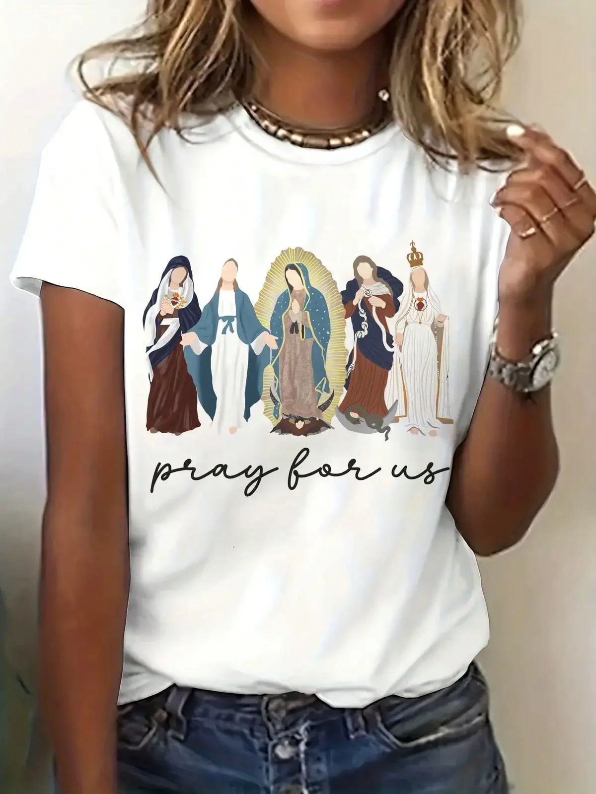 Pray For Us Graphic Print T-Shirt, Short Sleeve Crew Neck Casual Top For Summer & Spring, Women'S Clothing,Breathable And Comfortable Short-Sleeved Round-Neck Top, Suitable For All Seasons, Everyday Wear For Women